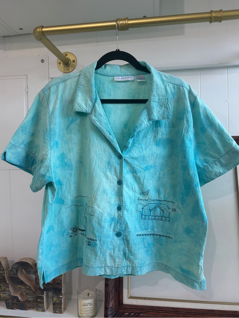 Vintage Cotton Short Sleeve Button Top Boxy Cropped Collar Tie Dye Beach Coastal